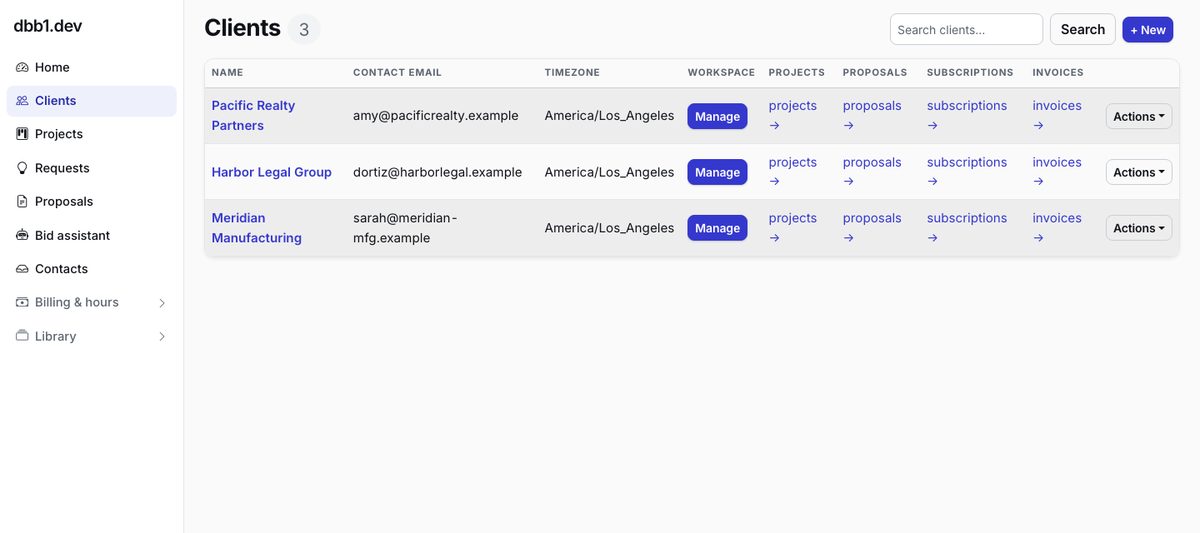 The dbb1 console (demo data) — the Clients list, each with its own workspace, projects, proposals, and invoices